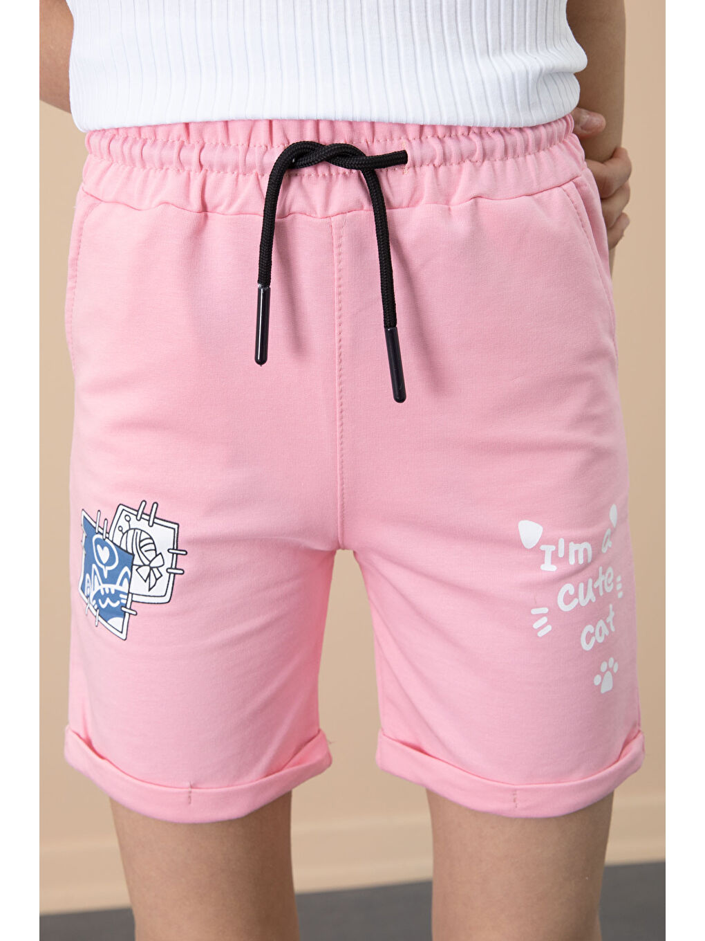 Pembe Patili Cute Baskılı Kız Çocuk Beli Lastikli Şort 20759-1