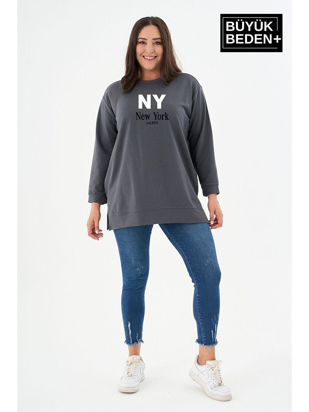 Gri Kadın Tunik Büyük Beden NY NEWYORK Baskılı ince Sweatshırt SPR26BTK990-1-1