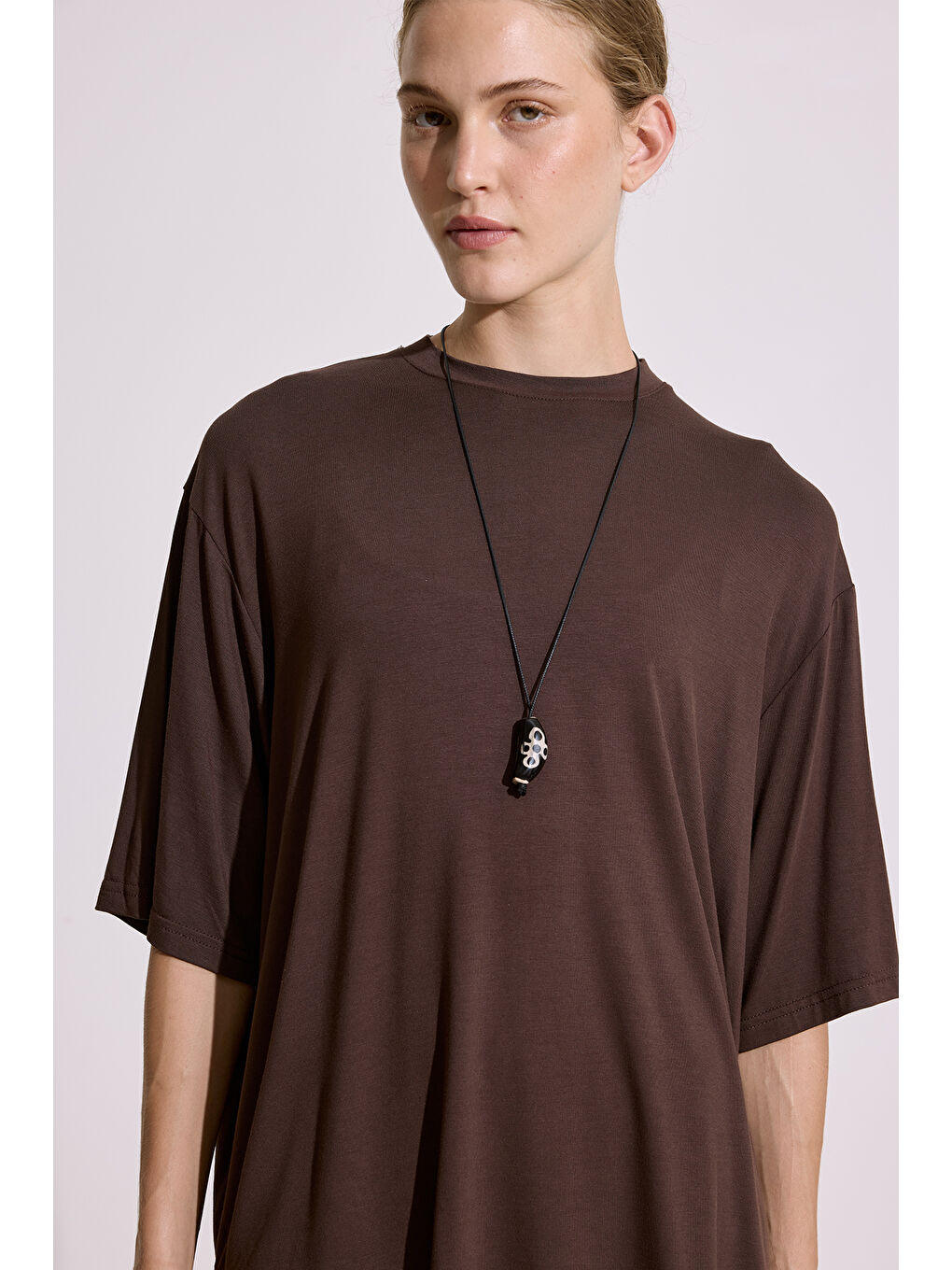 Dökümlü Kısa Kollu Bluz Kahverengi-2