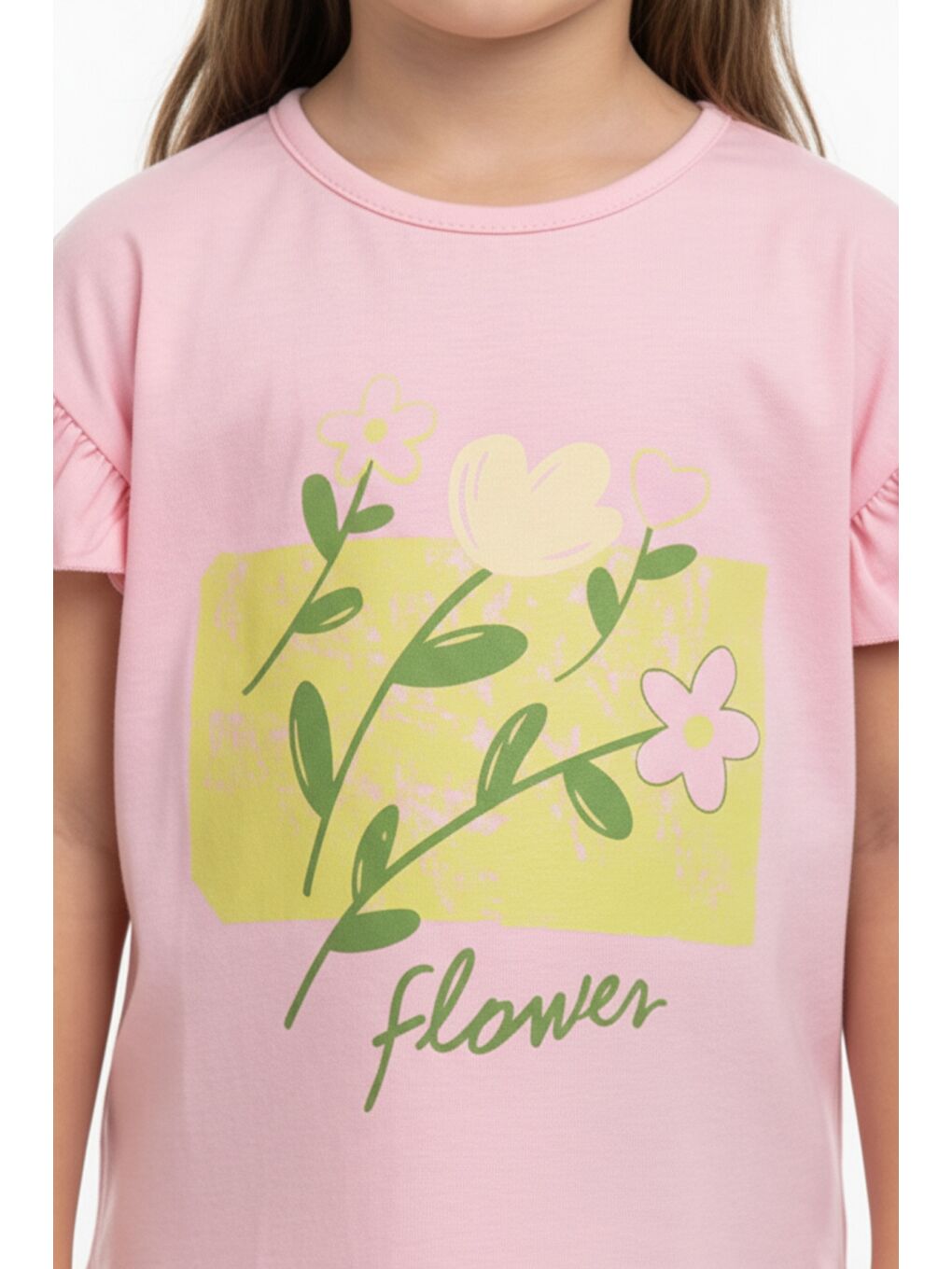 Pembe Kız Çocuk Baskılı  Bisiklet Yaka Kolu Fırfırlı Tişört 25008-4