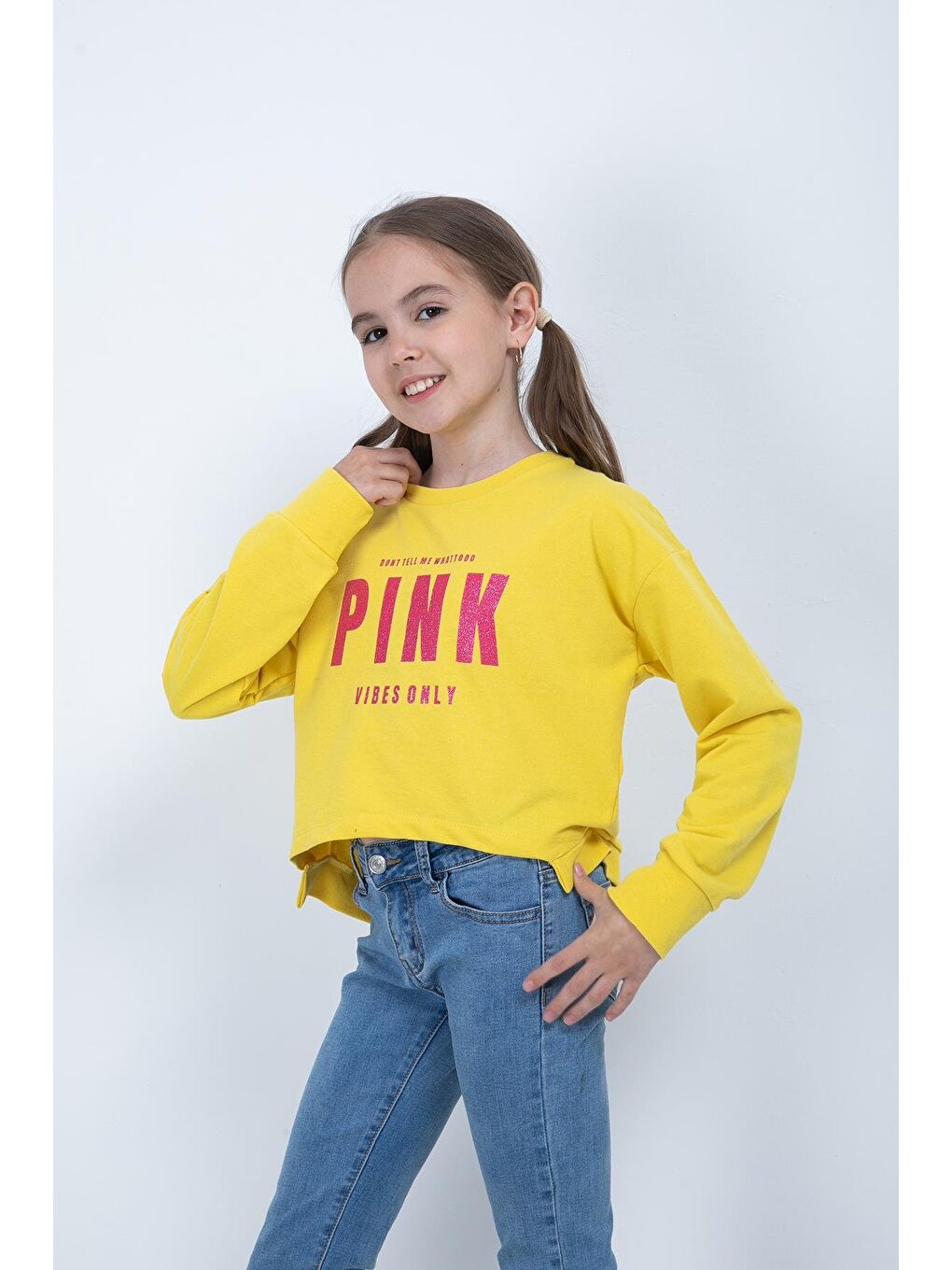 Sarı Kız Çocuk Baskılı Crop Sweatshirt