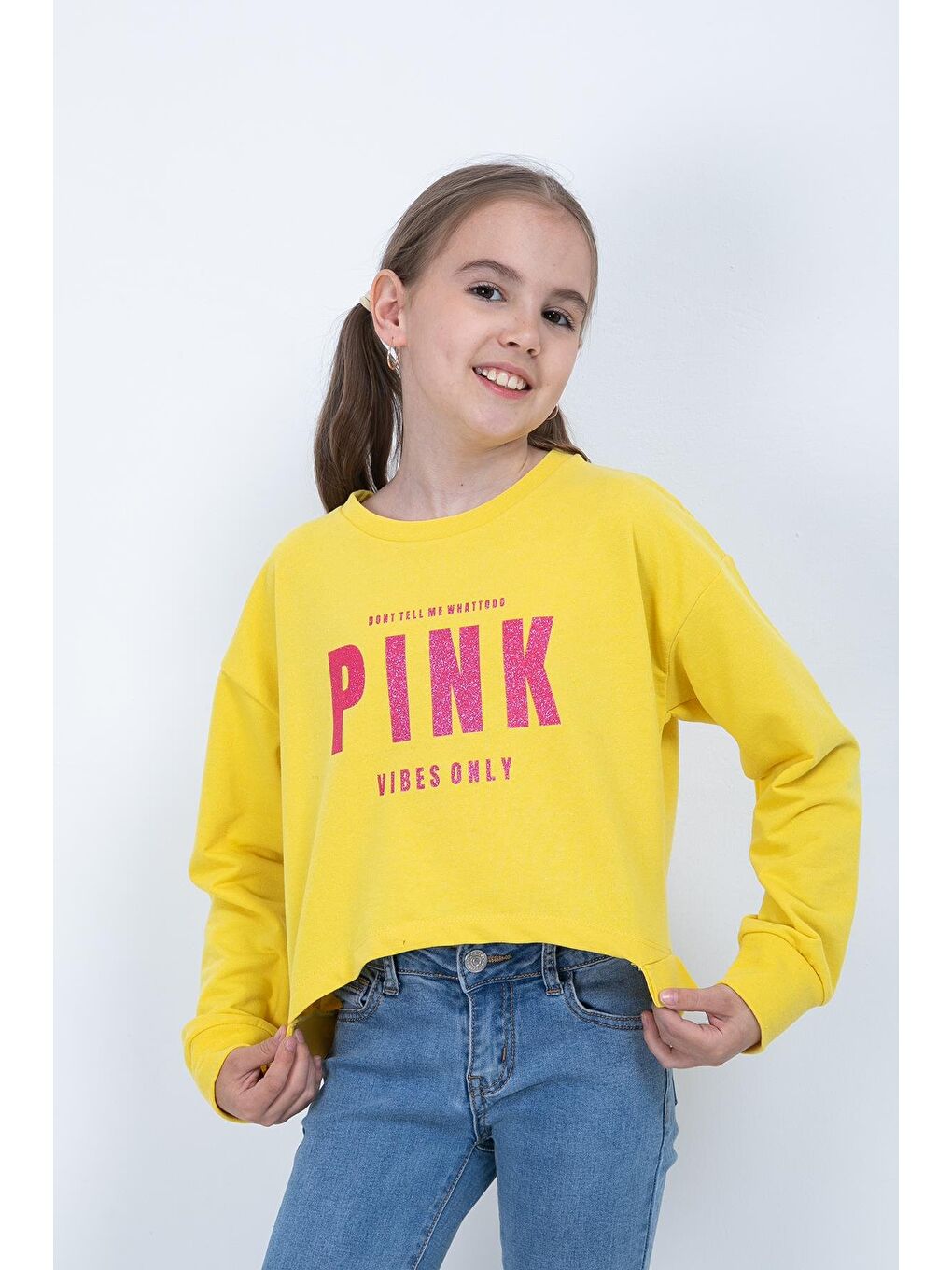 Sarı Kız Çocuk Baskılı Crop Sweatshirt-1