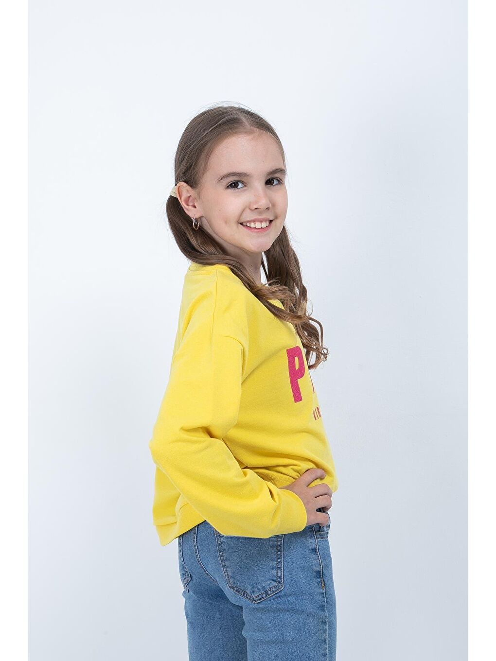 Sarı Kız Çocuk Baskılı Crop Sweatshirt-2