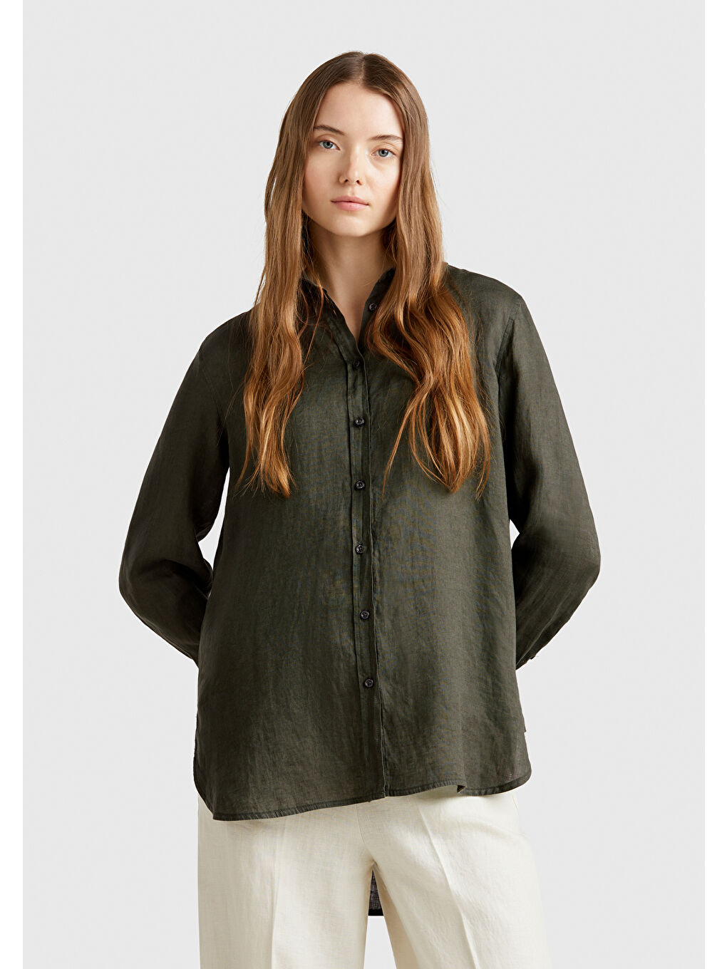 Kadın Haki %100 Keten Gömlek