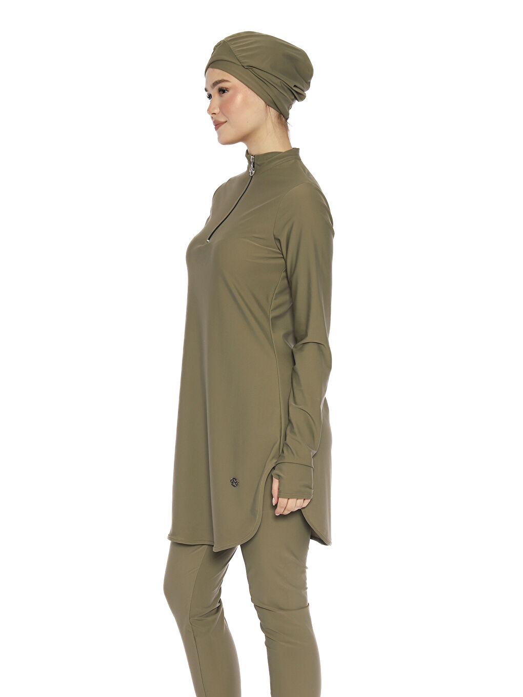 Elastanlı Yarım Fermuarlı Bilek Geçirme Detay Tam Kapalı Tesettür Mayo 6174 Haki-1