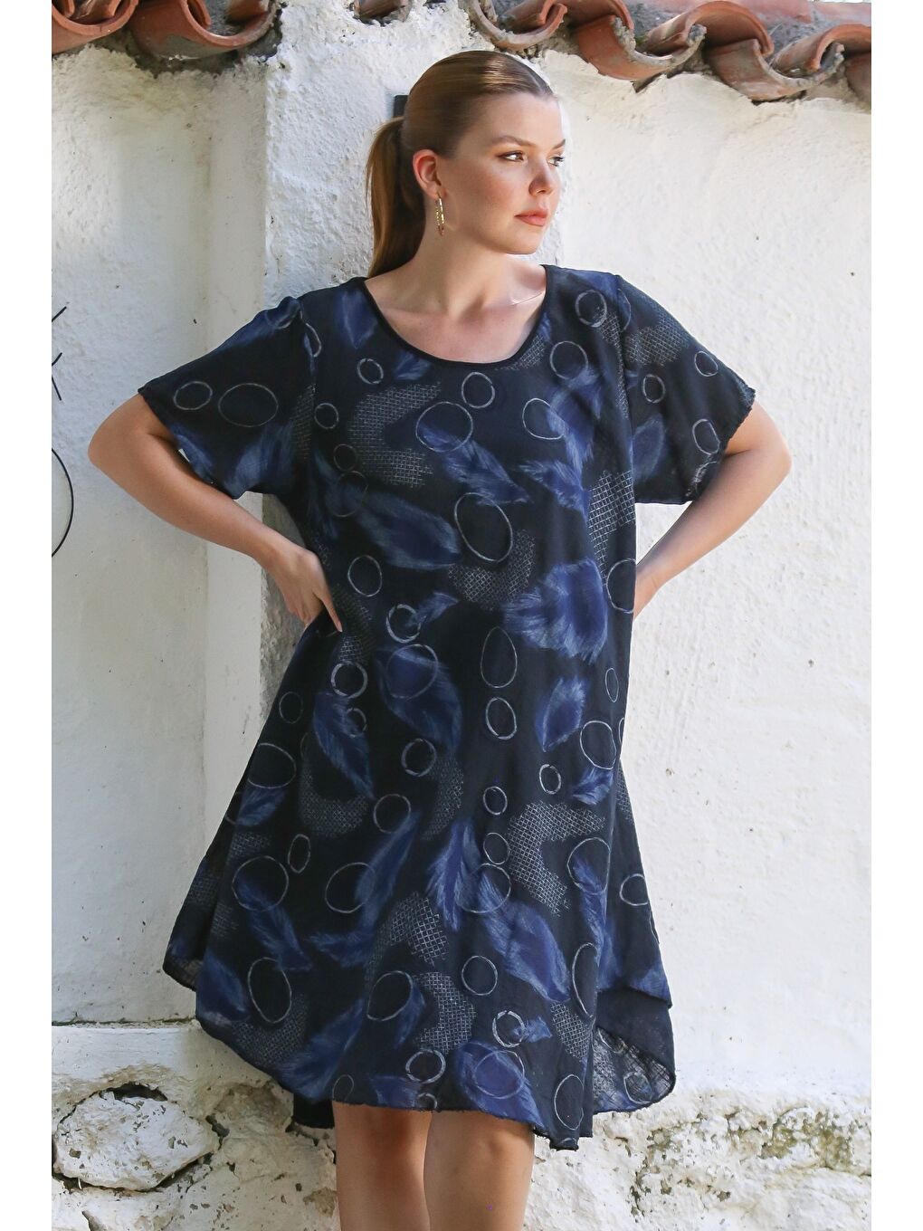İtalyan Lacivert Havuz Yaka Kısa Kol Allover Baskılı Casual Dokuma Elbise 110 75
