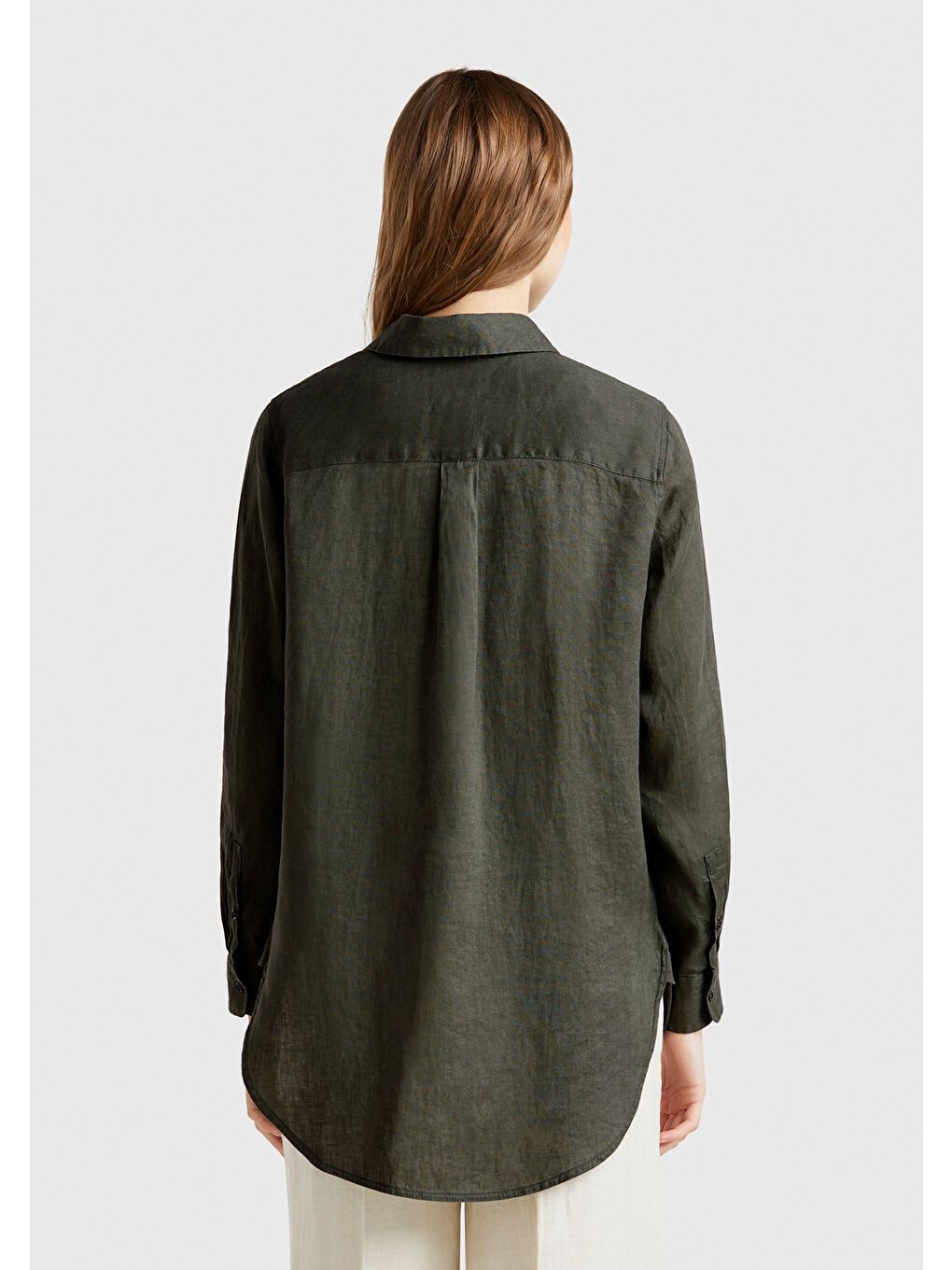 Kadın Haki %100 Keten Gömlek-2