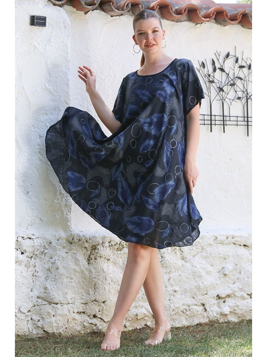 İtalyan Lacivert Havuz Yaka Kısa Kol Allover Baskılı Casual Dokuma Elbise 110 75-2