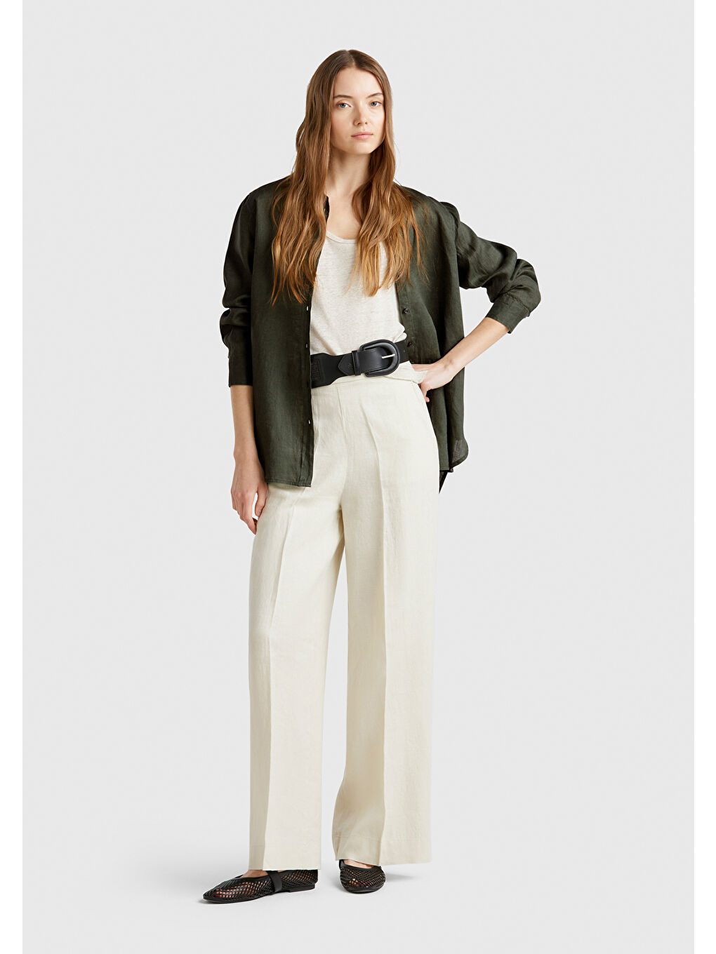 Kadın Haki %100 Keten Gömlek-4