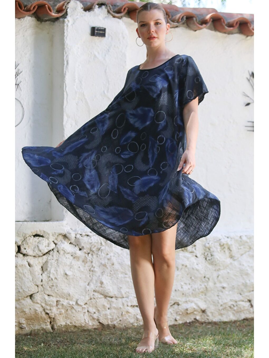 İtalyan Lacivert Havuz Yaka Kısa Kol Allover Baskılı Casual Dokuma Elbise 110 75-6