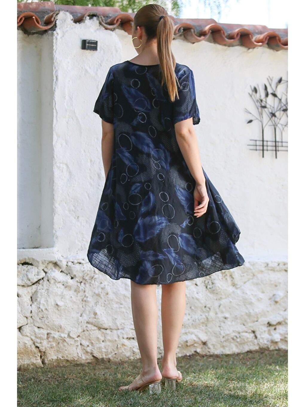 İtalyan Lacivert Havuz Yaka Kısa Kol Allover Baskılı Casual Dokuma Elbise 110 75-7