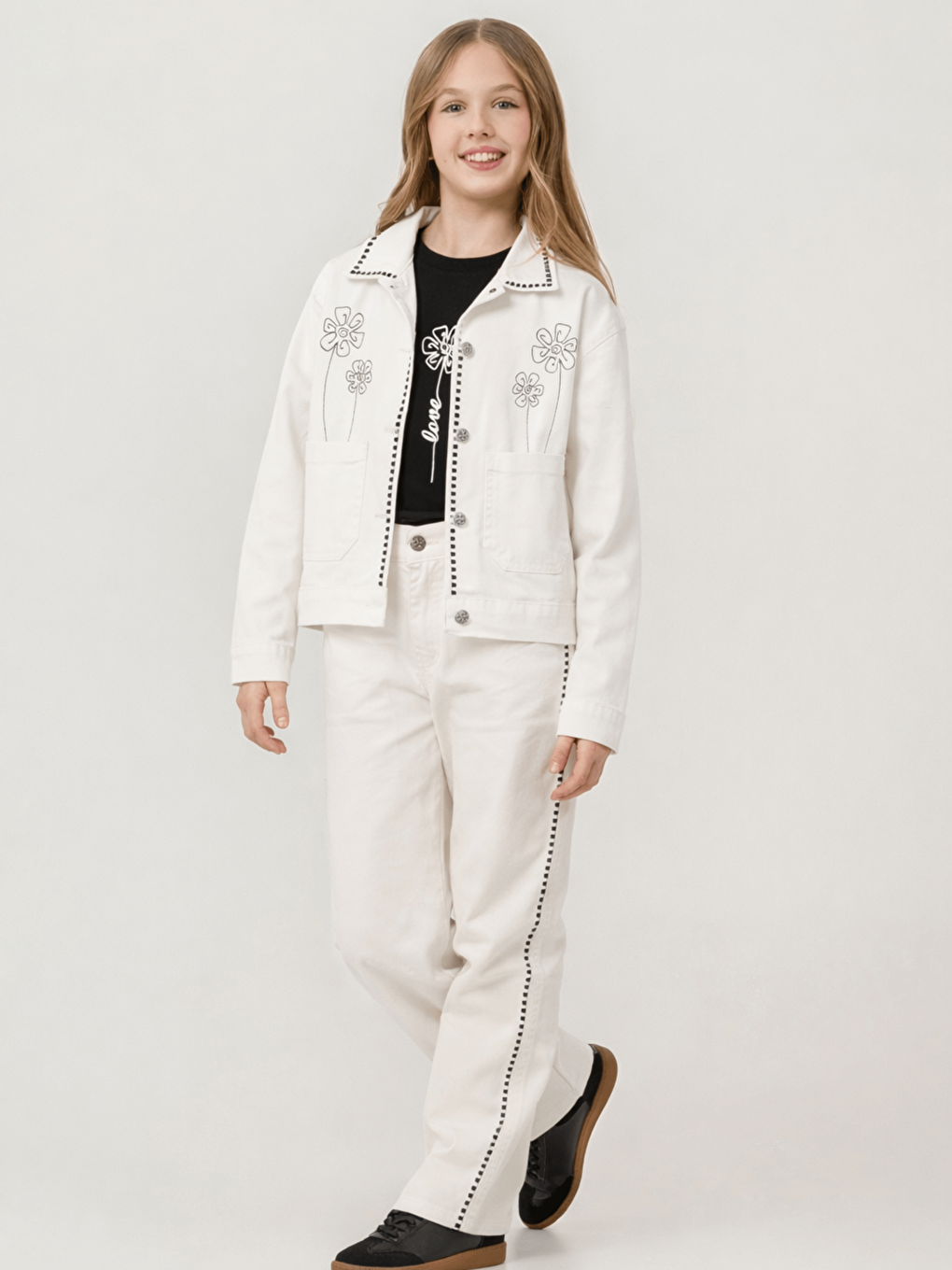 Beyaz Pamuklu Ceket Pantolon Tişörtlü Kız Çocuk 3lü Jean Takım-4
