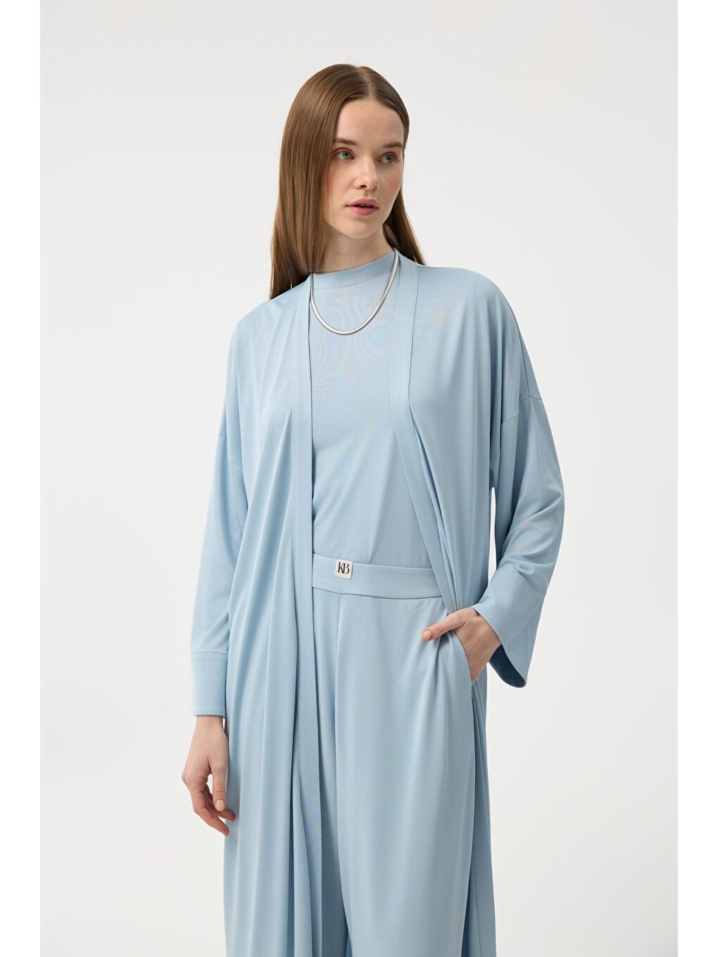 Modal Cupra Pantolon Bluz Abaya Takım Mavi-2