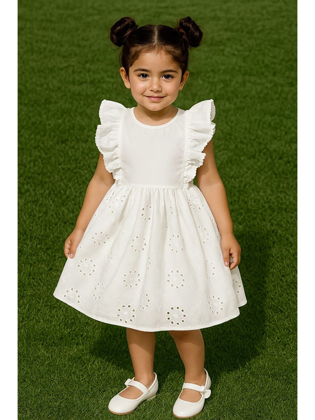 Beyaz Güpürlü Kolları Fırfırlı Kız Çocuk Elbise