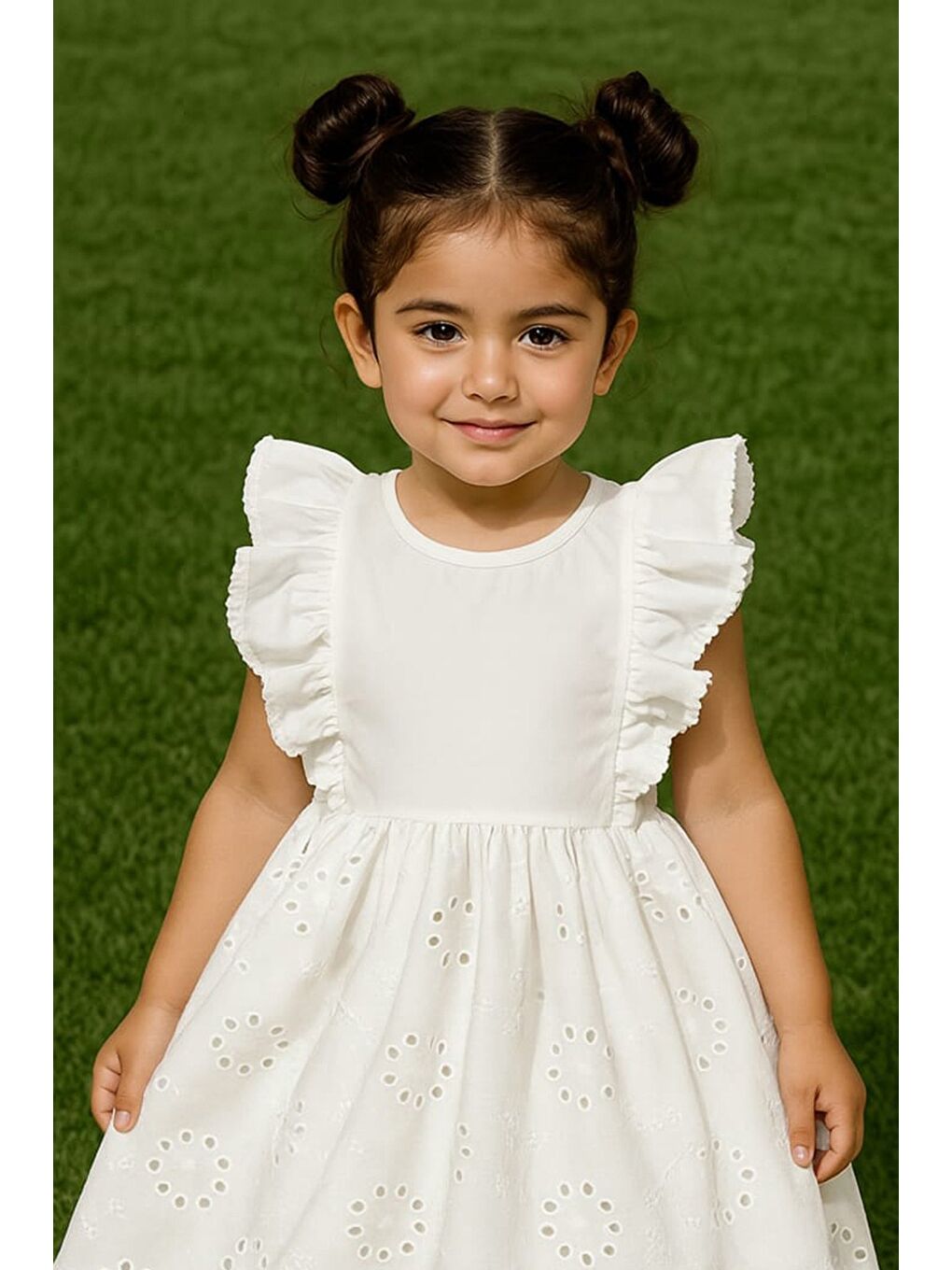 Beyaz Güpürlü Kolları Fırfırlı Kız Çocuk Elbise-1