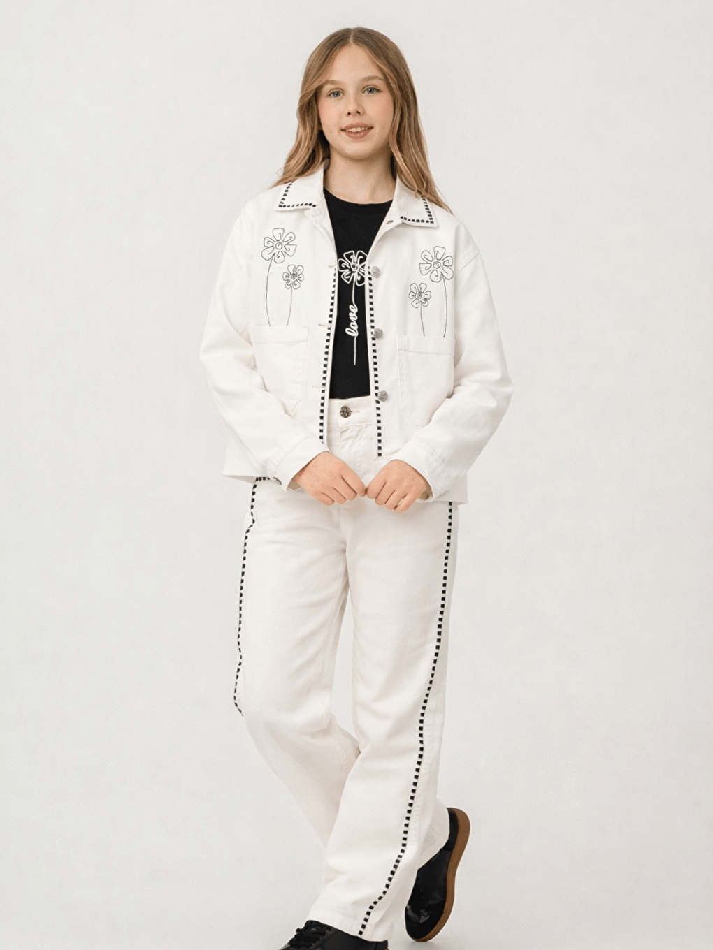 Beyaz Pamuklu Ceket Pantolon Tişörtlü Kız Çocuk 3lü Jean Takım-5