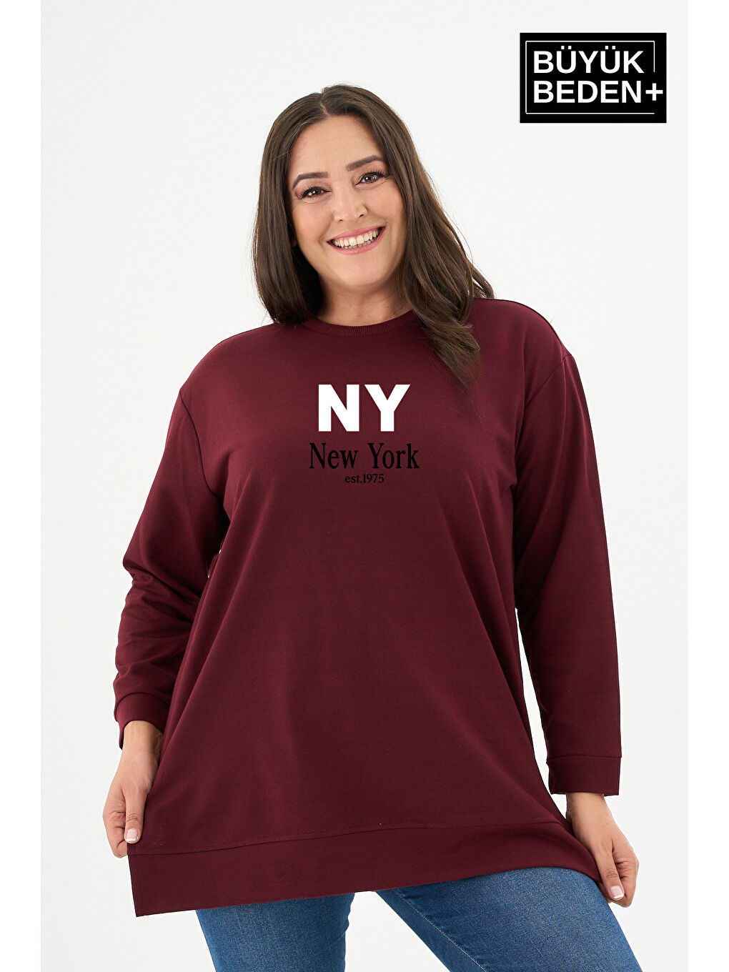 Bordo Kadın Tunik Büyük Beden NY NEWYORK Baskılı ince Sweatshırt SPR26BTK990-1-1