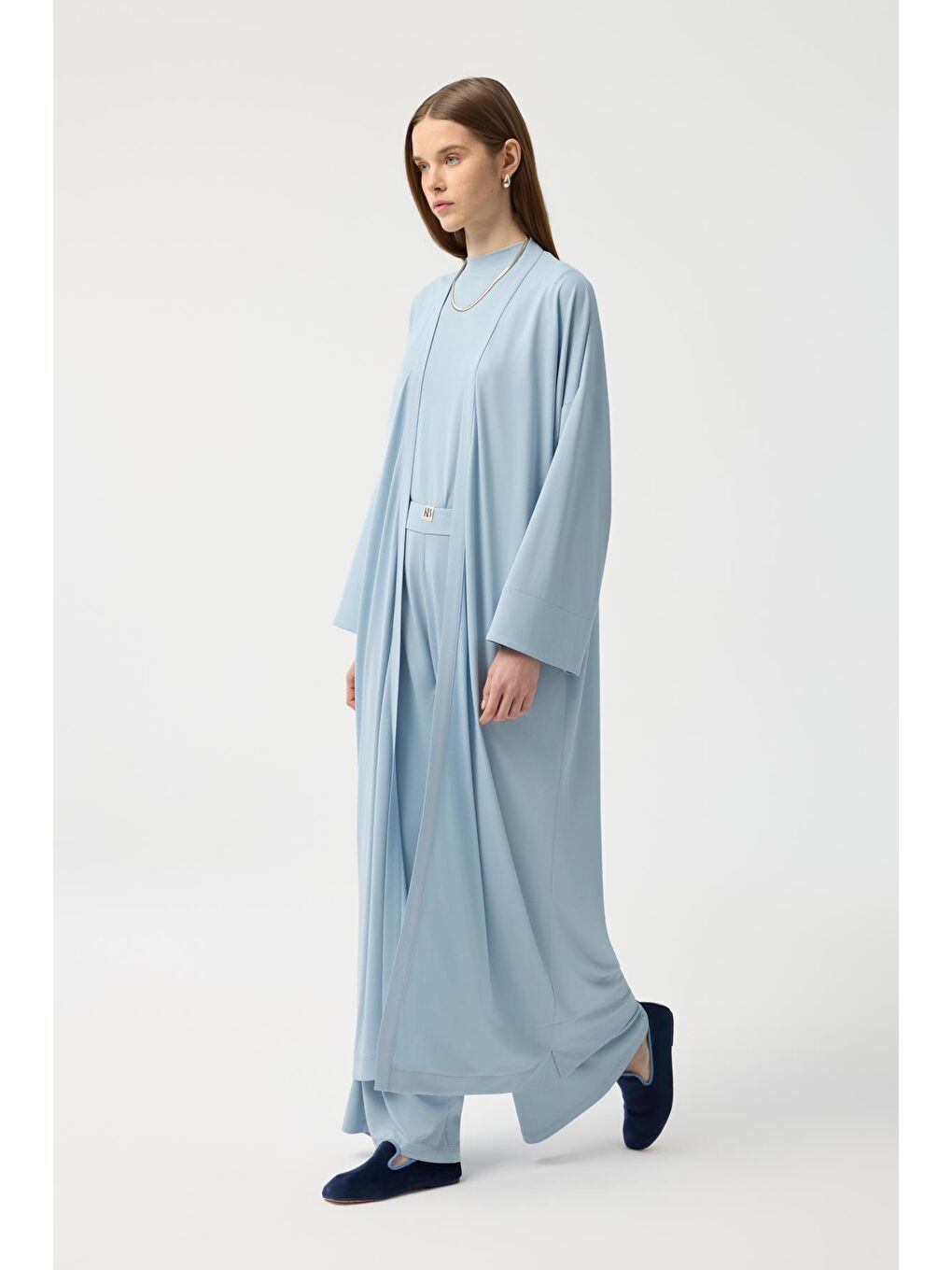 Modal Cupra Pantolon Bluz Abaya Takım Mavi-3