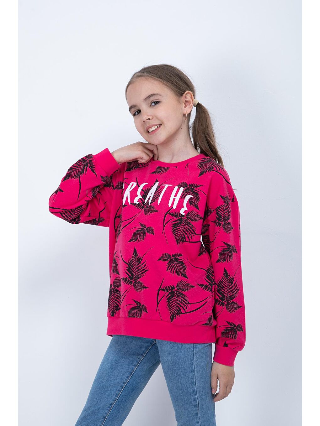 Pembe Kız Çocuk Yaprak Baskılı Sweatshirt