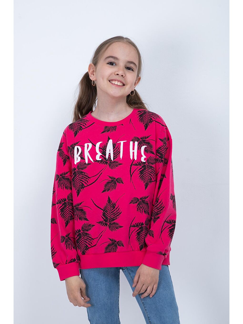 Pembe Kız Çocuk Yaprak Baskılı Sweatshirt-1