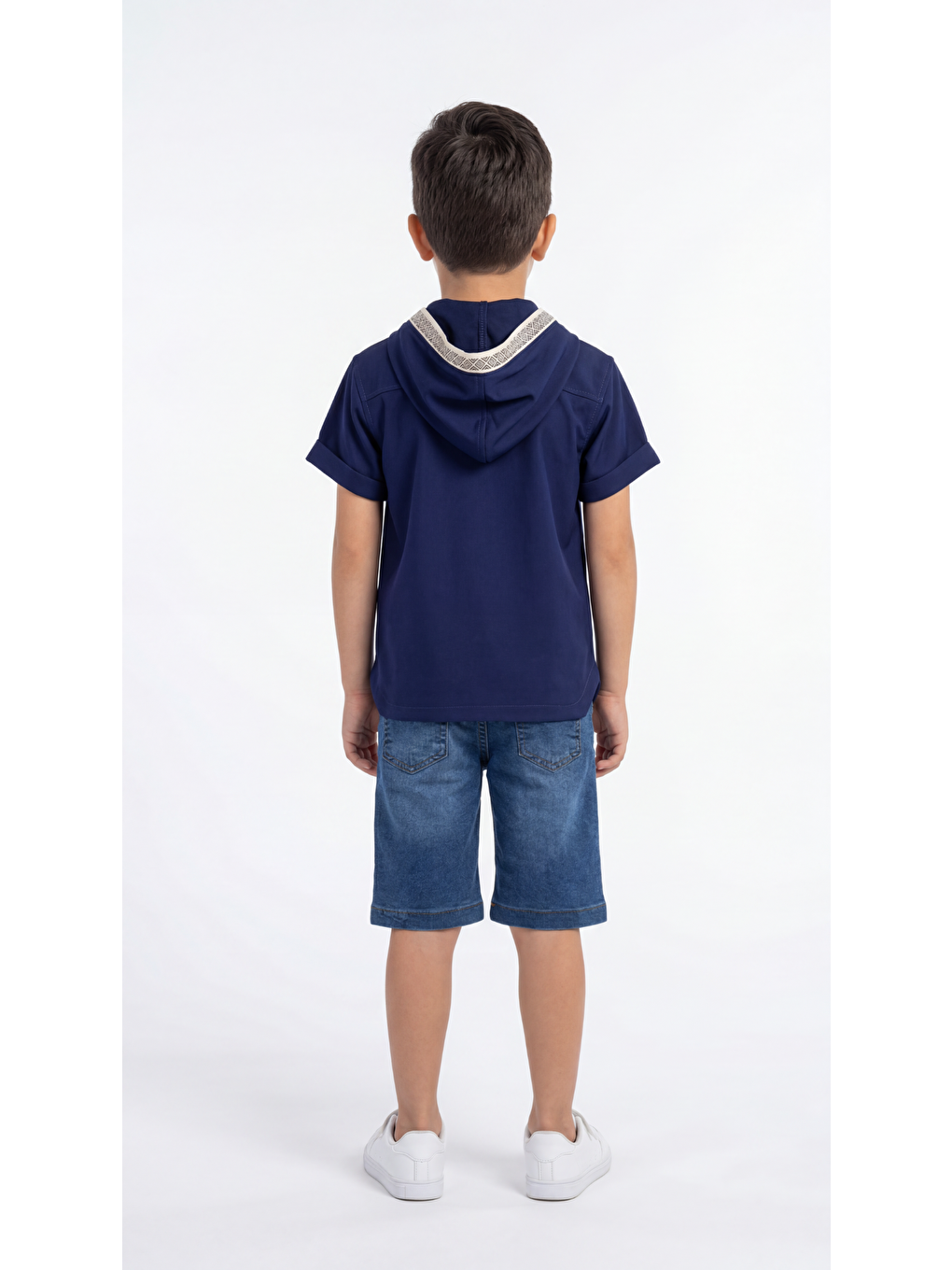 Lacivert Kapüşonlu Cep Detaylı Erkek Çocuk Gömlek-Şort-Tişört Takımı-3