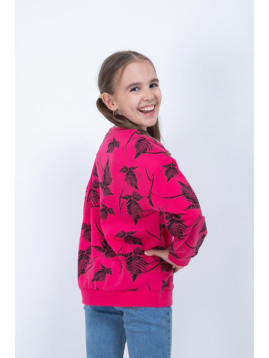 Pembe Kız Çocuk Yaprak Baskılı Sweatshirt-2