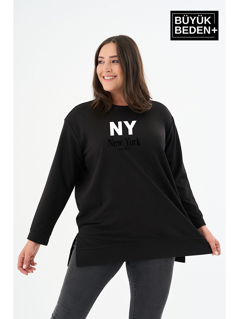 Siyah Kadın Tunik Büyük Beden NY NEWYORK Baskılı ince Sweatshırt SPR26BTK990-1