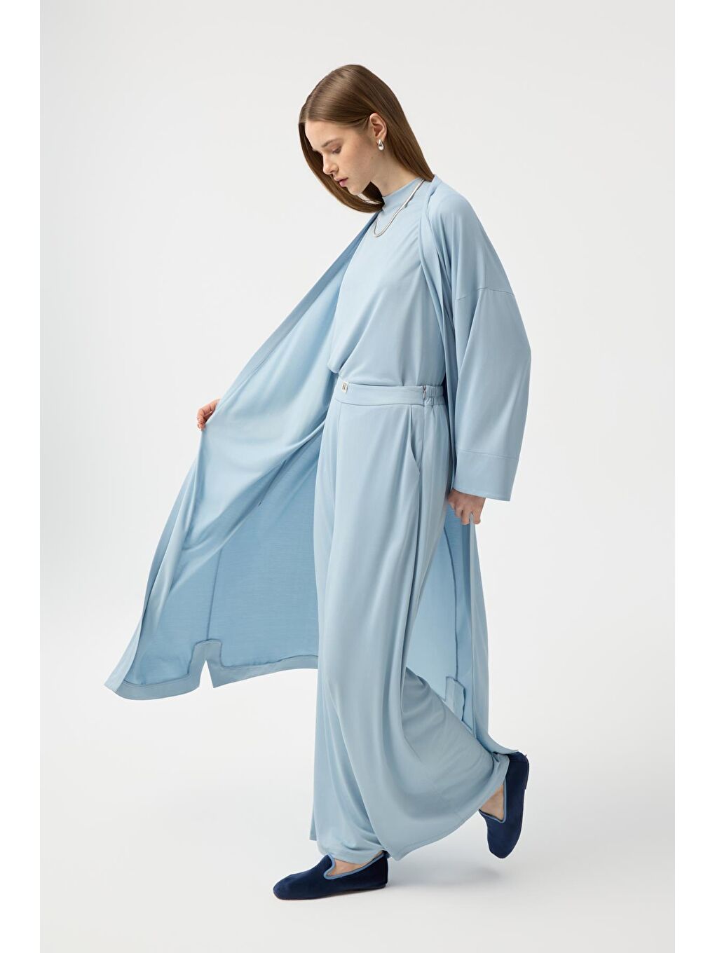 Modal Cupra Pantolon Bluz Abaya Takım Mavi-5