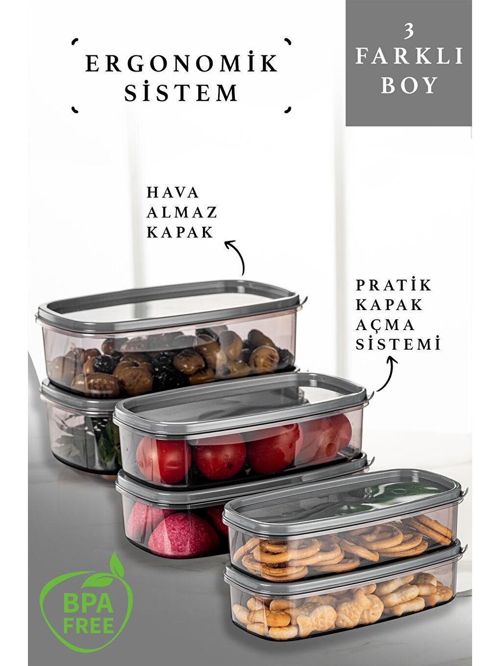 Meleni Home Antrasit 12'li Smart Sweet Box Kahvaltılık Saklama Kabı - Dikdörtgen Erzak Kabı 4x(300-500-850 ml) - 1