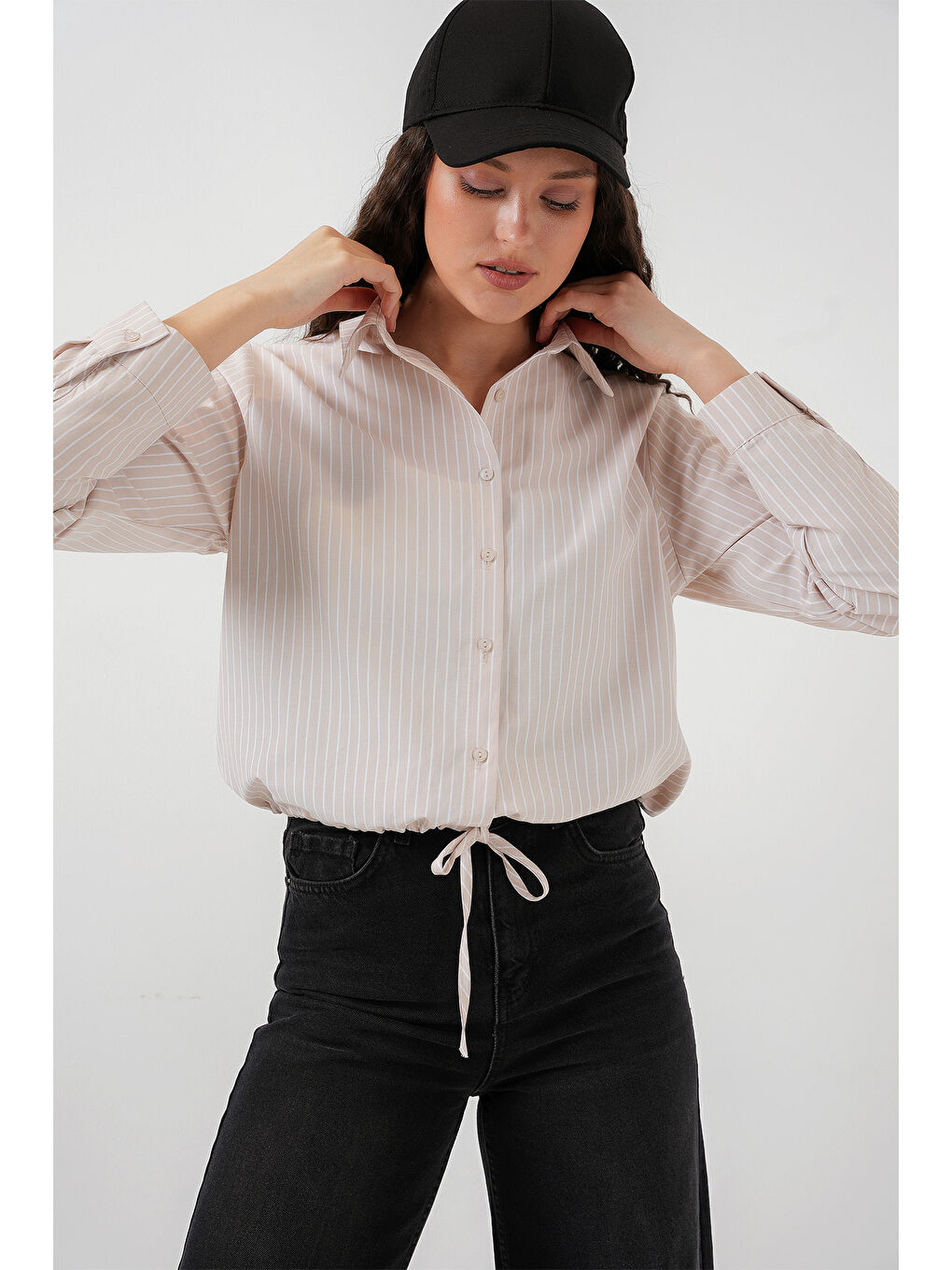 Ekru 20276 Uzun Kol Çizgili Gömlek - Krem