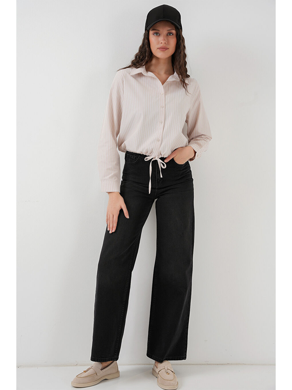 Ekru 20276 Uzun Kol Çizgili Gömlek - Krem-1