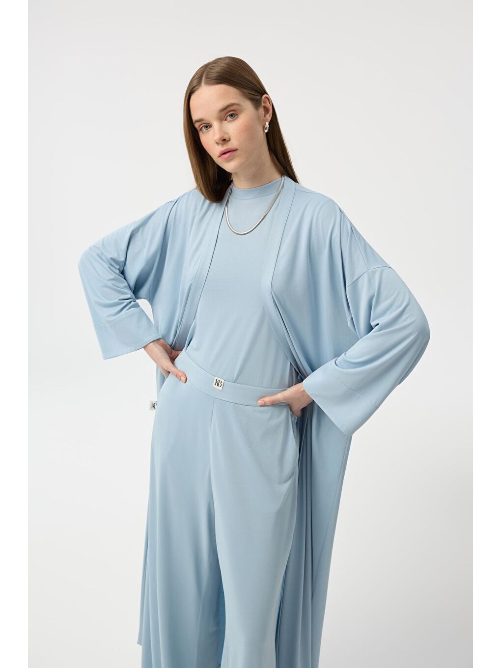 Modal Cupra Pantolon Bluz Abaya Takım Mavi-6