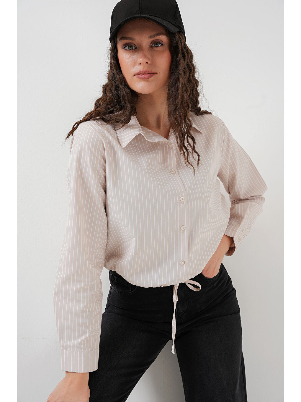 Ekru 20276 Uzun Kol Çizgili Gömlek - Krem-2