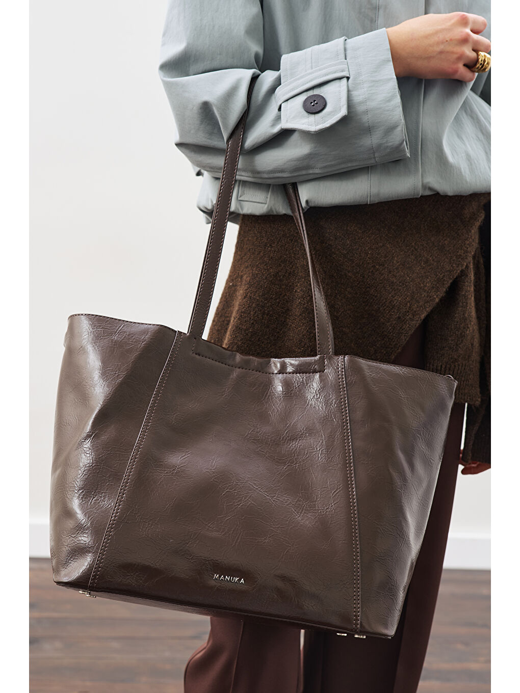 Square Tote Çanta Kahverengi-8