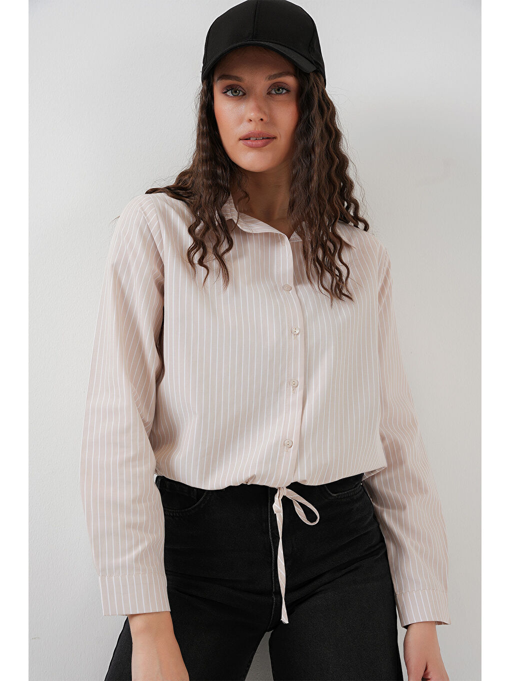 Ekru 20276 Uzun Kol Çizgili Gömlek - Krem-3