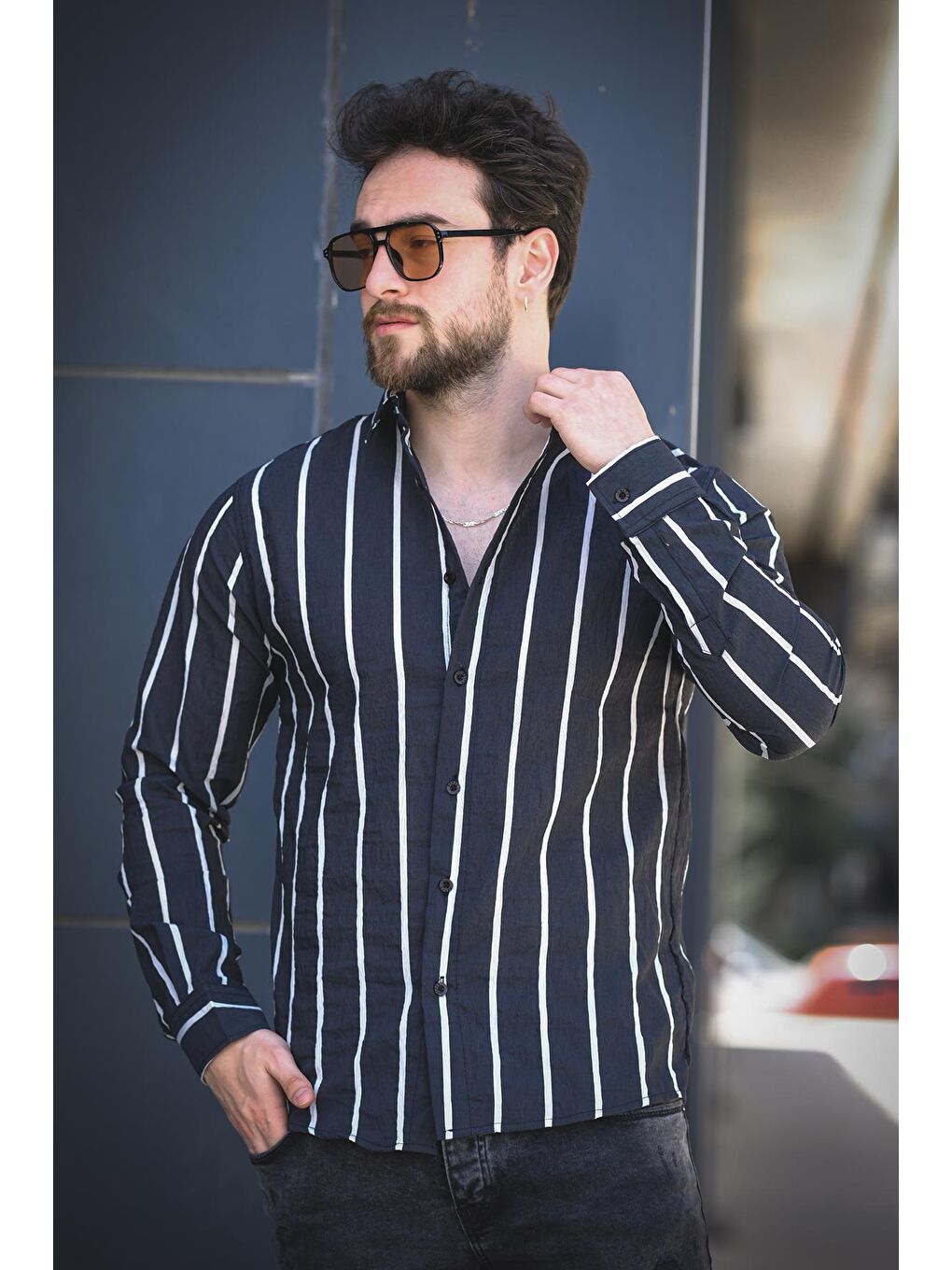 Siyah Ht 9540006 Slim Fit Çizgili Uzun Kol Keten Erkek Gömlek