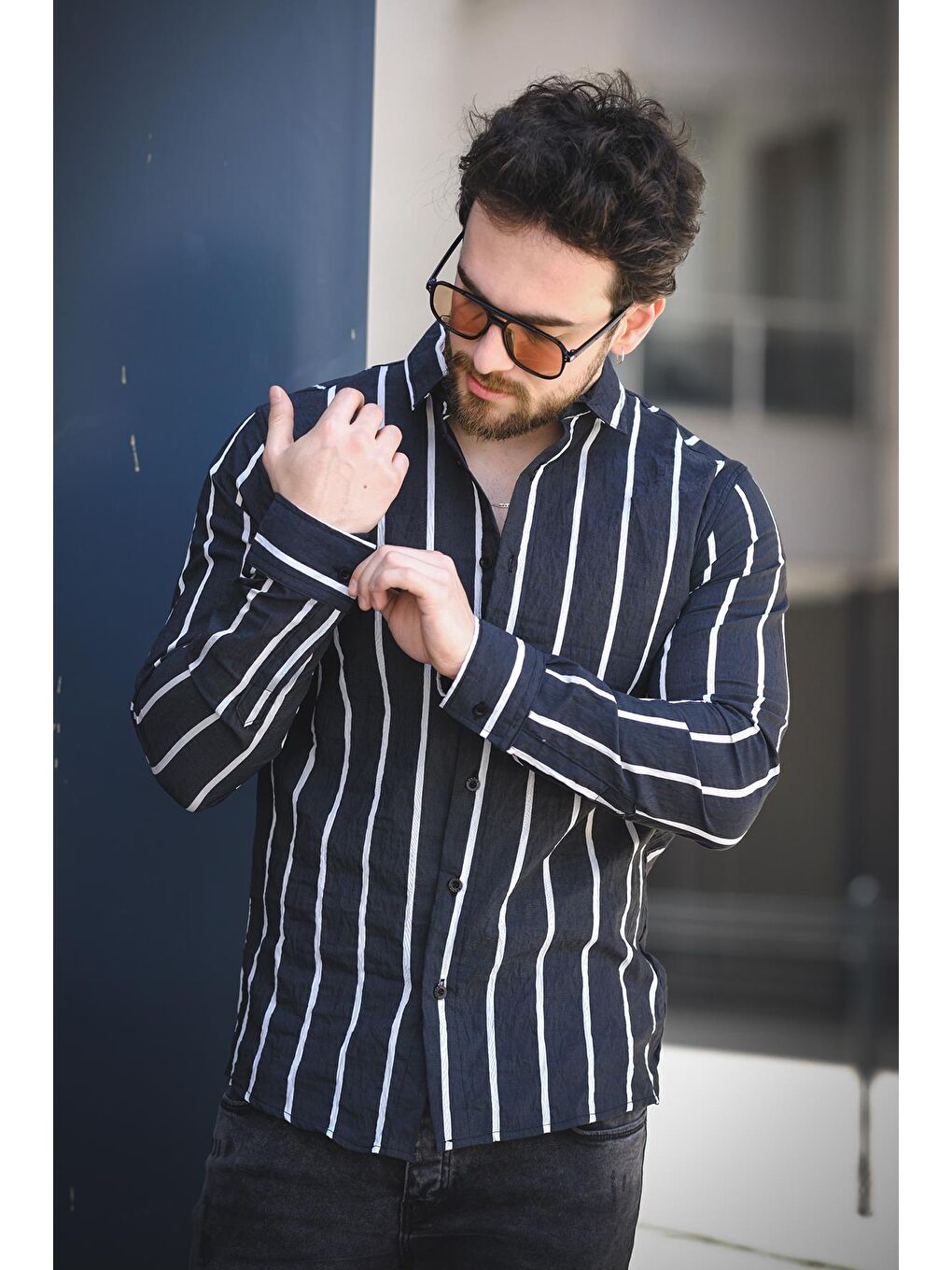 Siyah Ht 9540006 Slim Fit Çizgili Uzun Kol Keten Erkek Gömlek-1