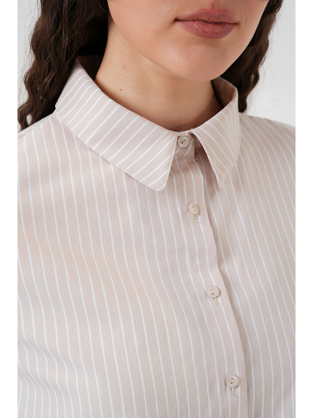 Ekru 20276 Uzun Kol Çizgili Gömlek - Krem-4