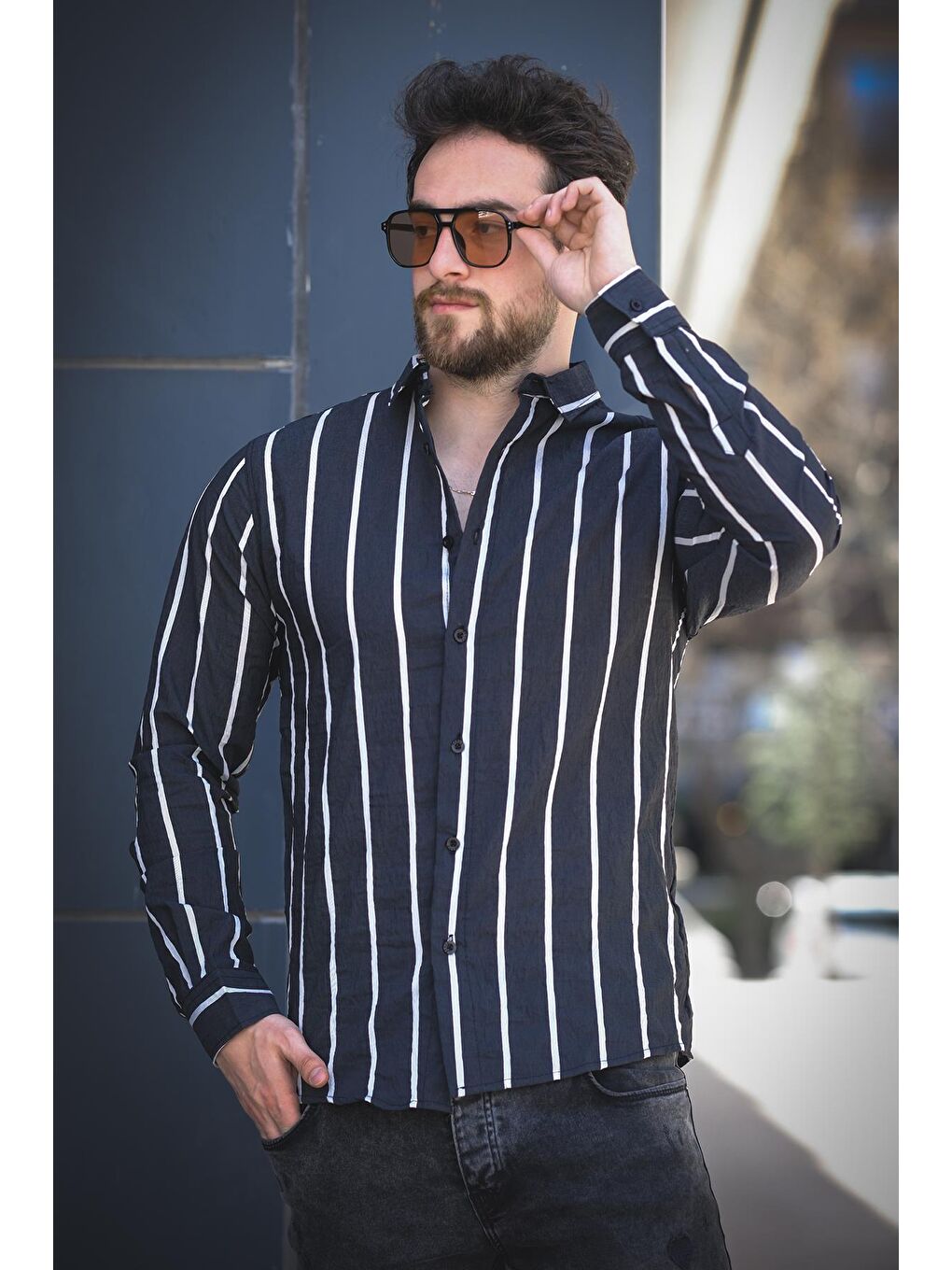 Siyah Ht 9540006 Slim Fit Çizgili Uzun Kol Keten Erkek Gömlek-2