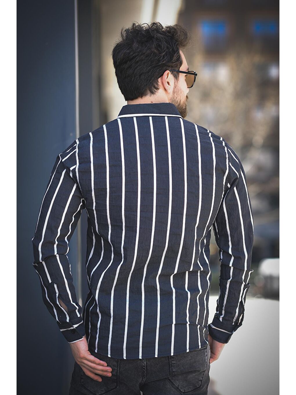 Siyah Ht 9540006 Slim Fit Çizgili Uzun Kol Keten Erkek Gömlek-3