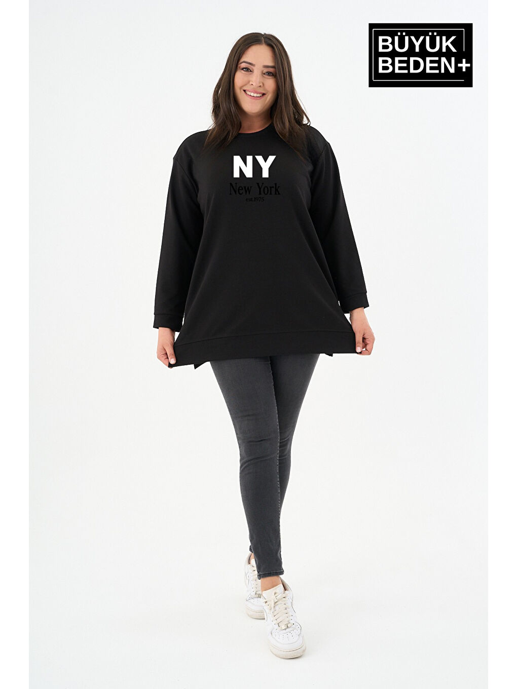 Siyah Kadın Tunik Büyük Beden NY NEWYORK Baskılı ince Sweatshırt SPR26BTK990-1-1
