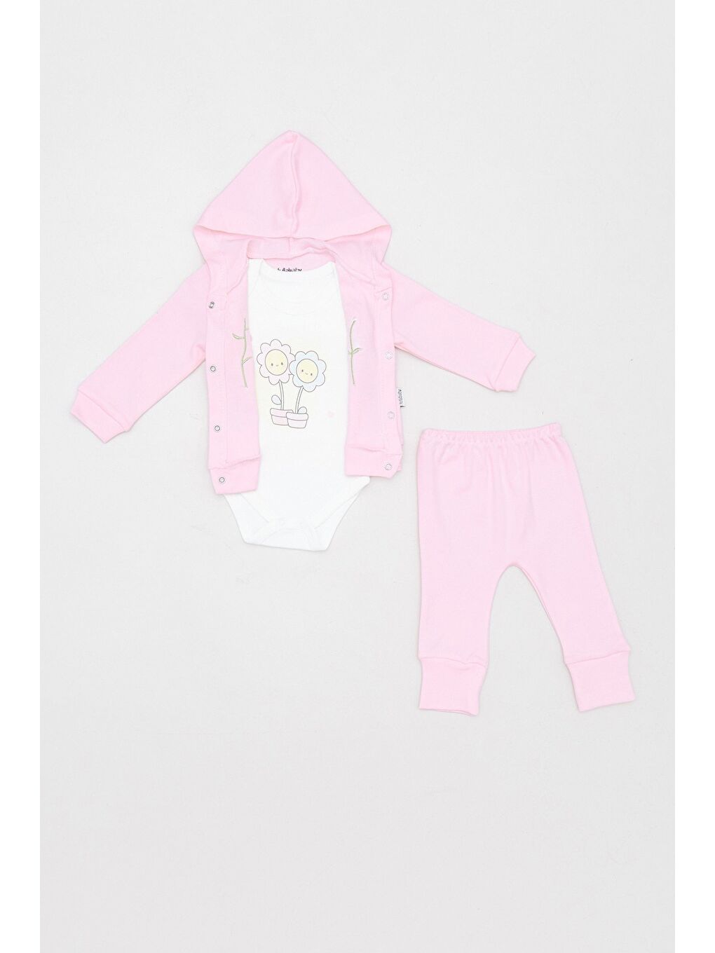 Pembe %100 Pamuk Çiçek Nakışlı 3 Lü Kız Çocuk Takım-3