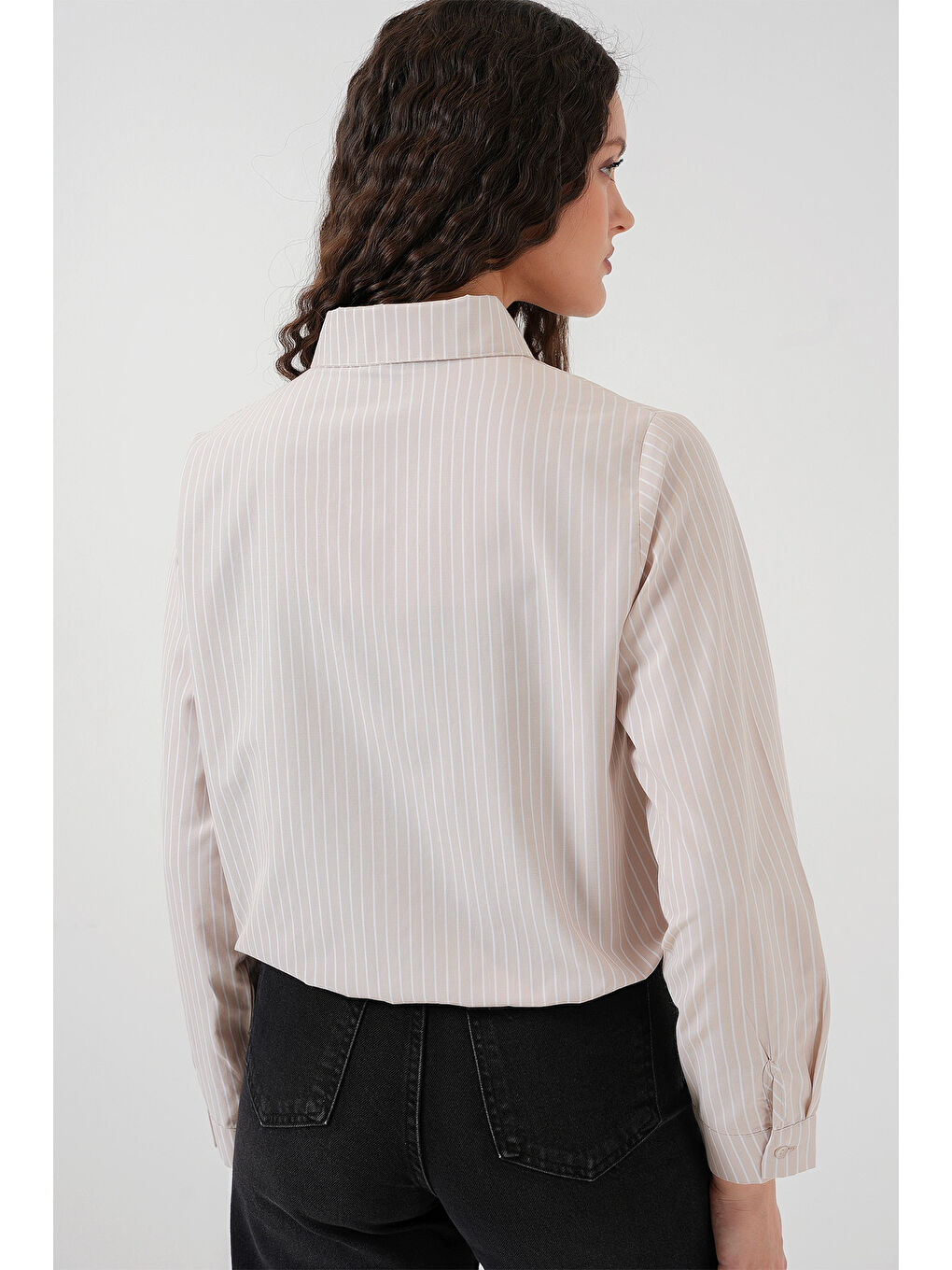 Ekru 20276 Uzun Kol Çizgili Gömlek - Krem-5