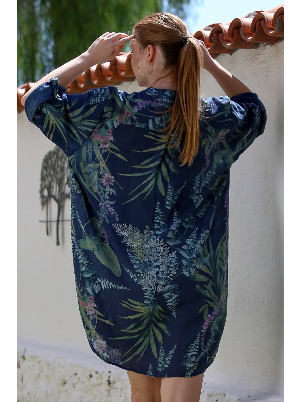 İtalyan Lacivert Hakim Yaka Düğmeli 3/4 Kol Allover Baskılı Keten Görünümlü Dokuma Elbise 97 75-1