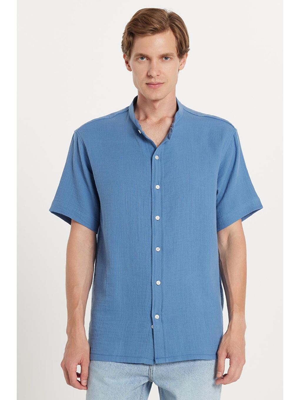 Erkek Relax Fit Rahat Kesim %100 Pamuk Müslin Kumaş Kısa Kollu Spor Hakim Yaka İndigo Gömlek-2
