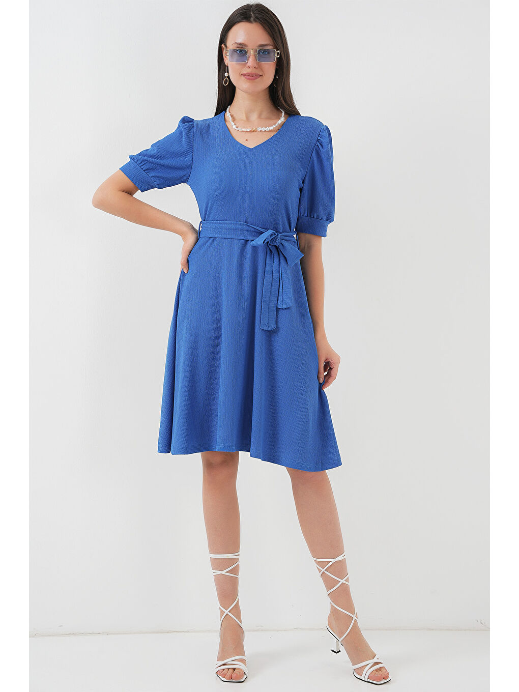 Mavi 2370 Kuşaklı Örme Elbise - Saks-1