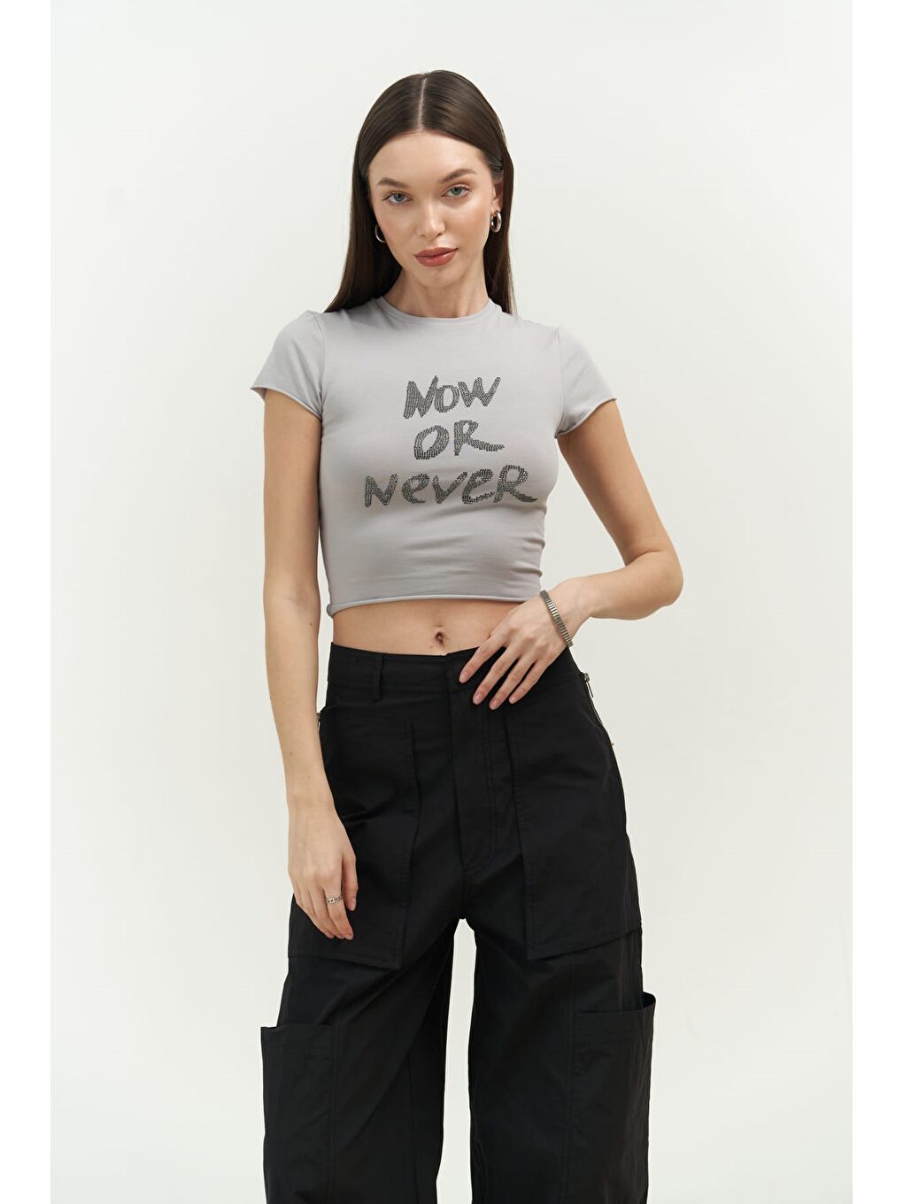 Mai Collection Gri Now Or Never Gri Penye Crop - 4