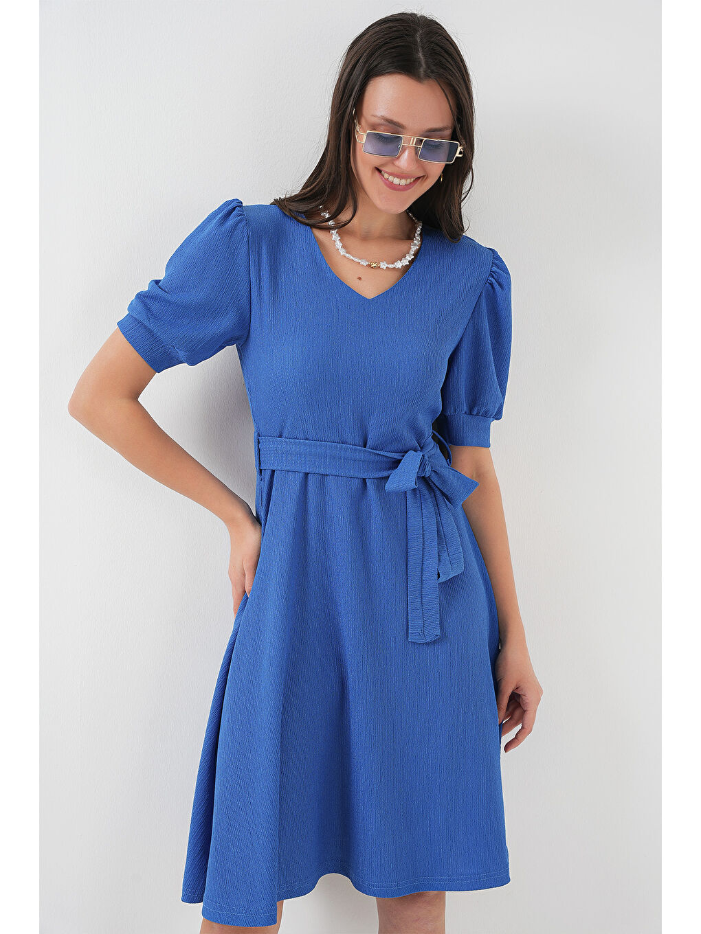 Mavi 2370 Kuşaklı Örme Elbise - Saks-2