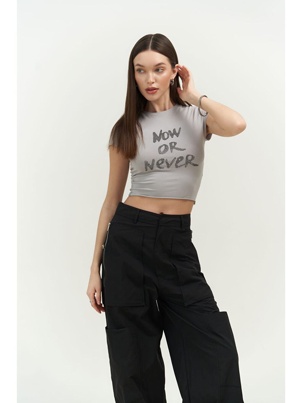 Mai Collection Gri Now Or Never Gri Penye Crop - 6