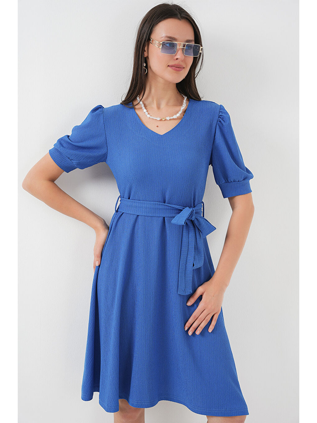 Mavi 2370 Kuşaklı Örme Elbise - Saks-3